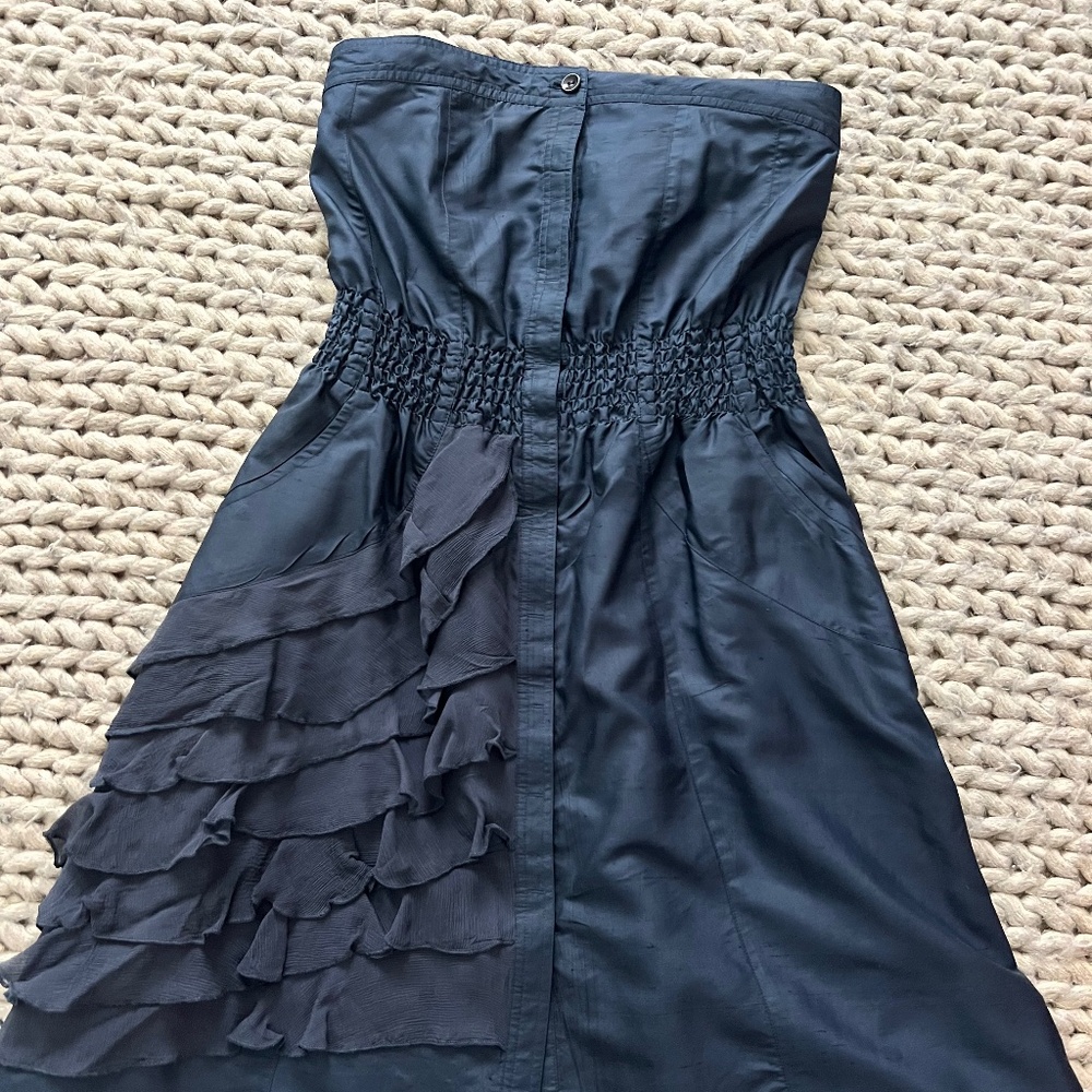 MODERN AMUSEMENT Strapless Dress 100% Silk Navy Blue Tiered Ruffles Size 6 NEW